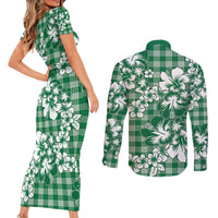 Hibiscus Pakala Emerald Green Couples Matching Short Sleeve Bodycon Dress and Long Sleeve Button Shirt Tropical Floral Stylized - Polynesian Pride