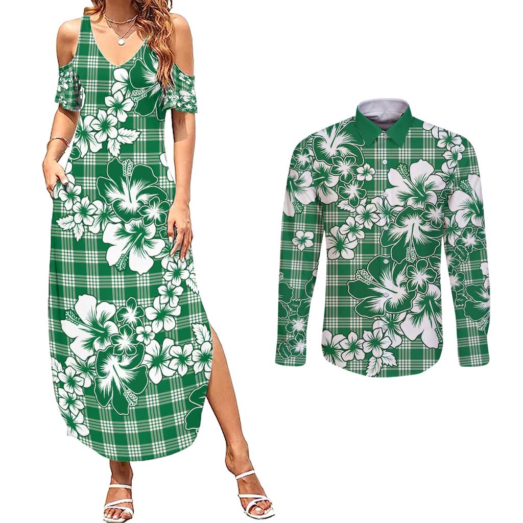 Hibiscus Pakala Emerald Green Couples Matching Summer Maxi Dress and Long Sleeve Button Shirt Tropical Floral Stylized - Polynesian Pride