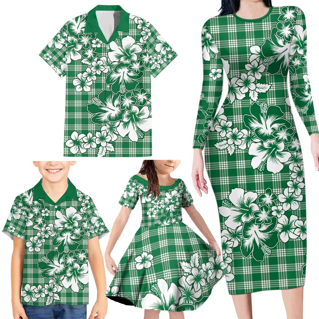 Hibiscus Pakala Emerald Green Family Matching Long Sleeve Bodycon Dress and Hawaiian Shirt Tropical Floral Stylized - Polynesian Pride