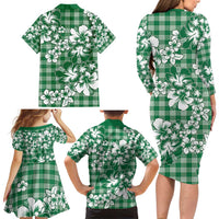 Hibiscus Pakala Emerald Green Family Matching Long Sleeve Bodycon Dress and Hawaiian Shirt Tropical Floral Stylized - Polynesian Pride