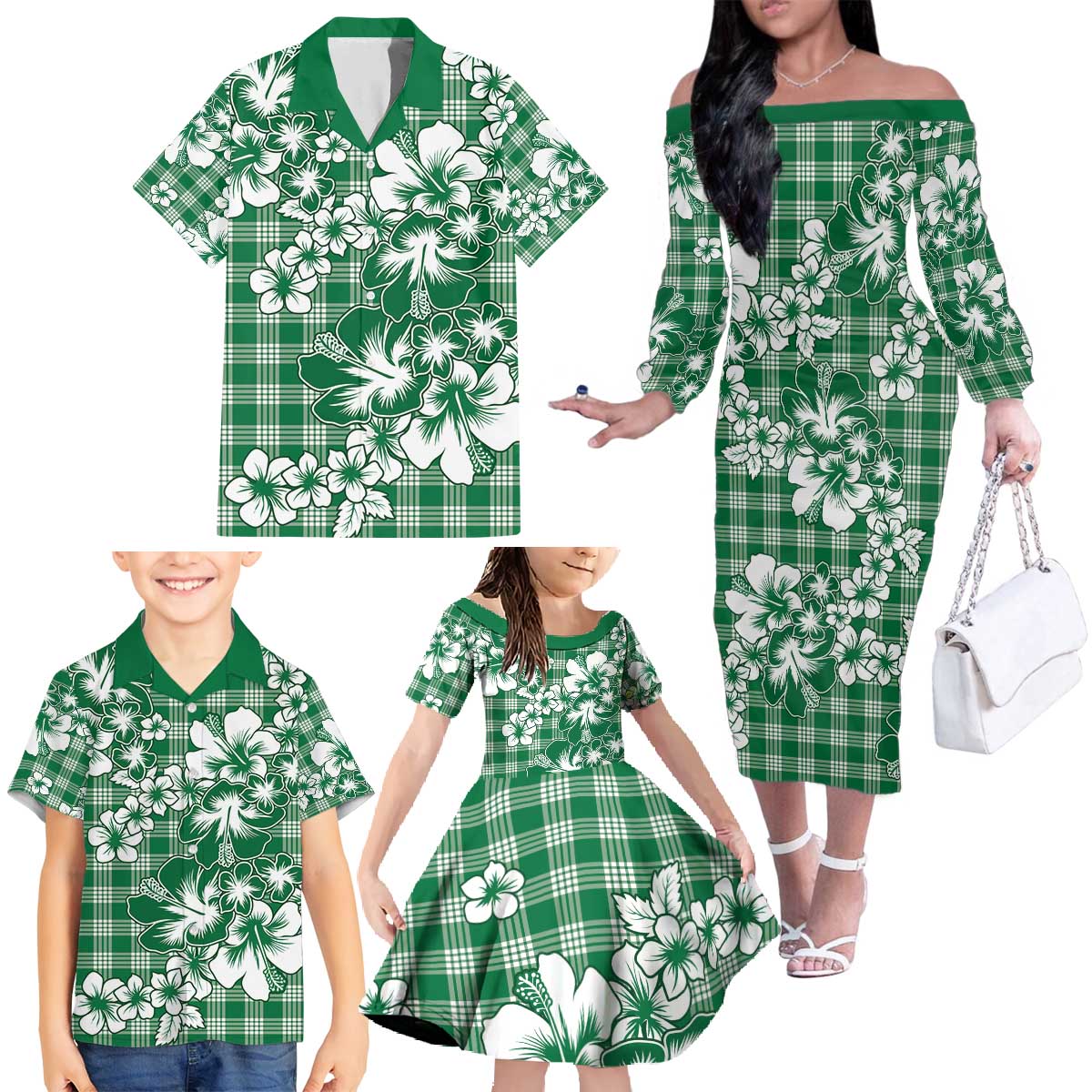 Hibiscus Pakala Emerald Green Family Matching Off The Shoulder Long Sleeve Dress and Hawaiian Shirt Tropical Floral Stylized - Polynesian Pride