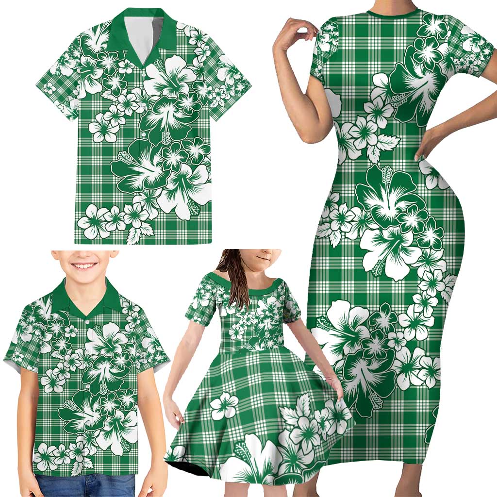 Hibiscus Pakala Emerald Green Family Matching Short Sleeve Bodycon Dress and Hawaiian Shirt Tropical Floral Stylized - Polynesian Pride