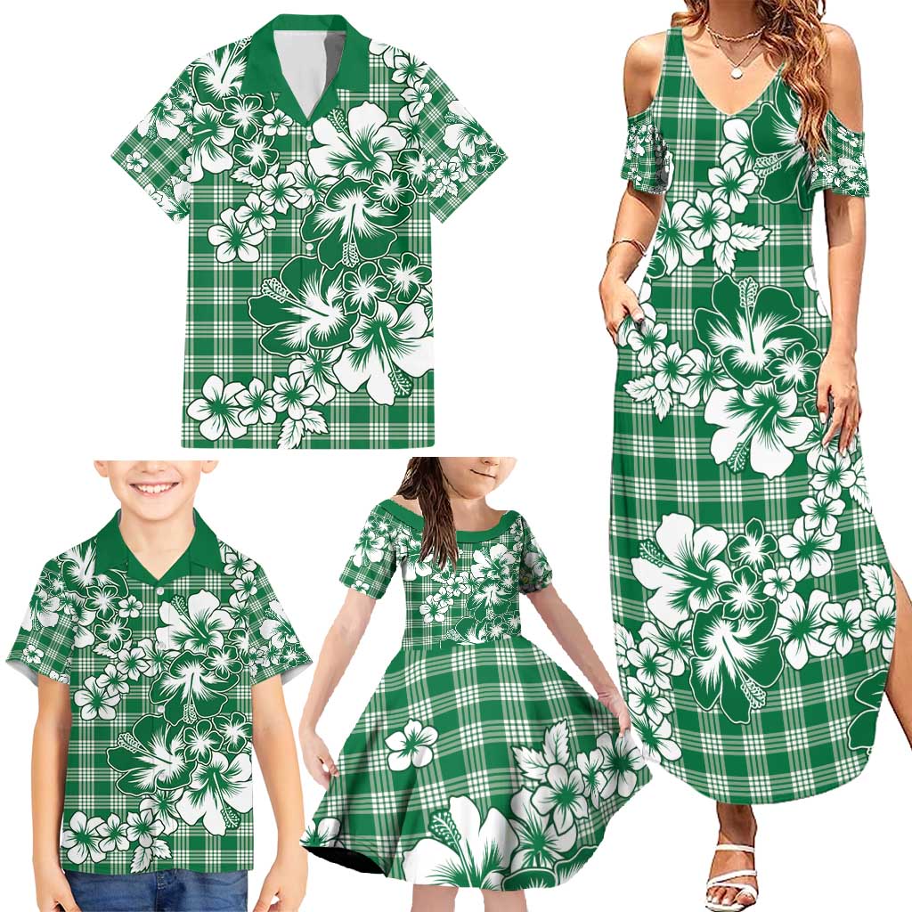 Hibiscus Pakala Emerald Green Family Matching Summer Maxi Dress and Hawaiian Shirt Tropical Floral Stylized - Polynesian Pride