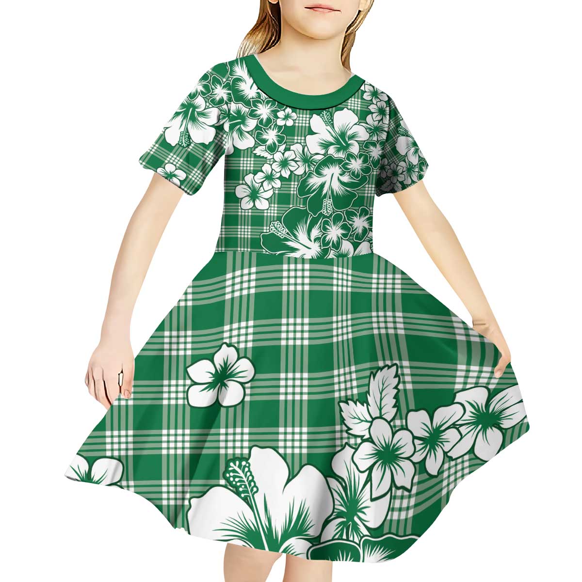 Hibiscus Pakala Emerald Green Kid Short Sleeve Dress Tropical Floral Stylized - Polynesian Pride