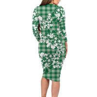 Hibiscus Pakala Emerald Green Long Sleeve Bodycon Dress Tropical Floral Stylized - Polynesian Pride