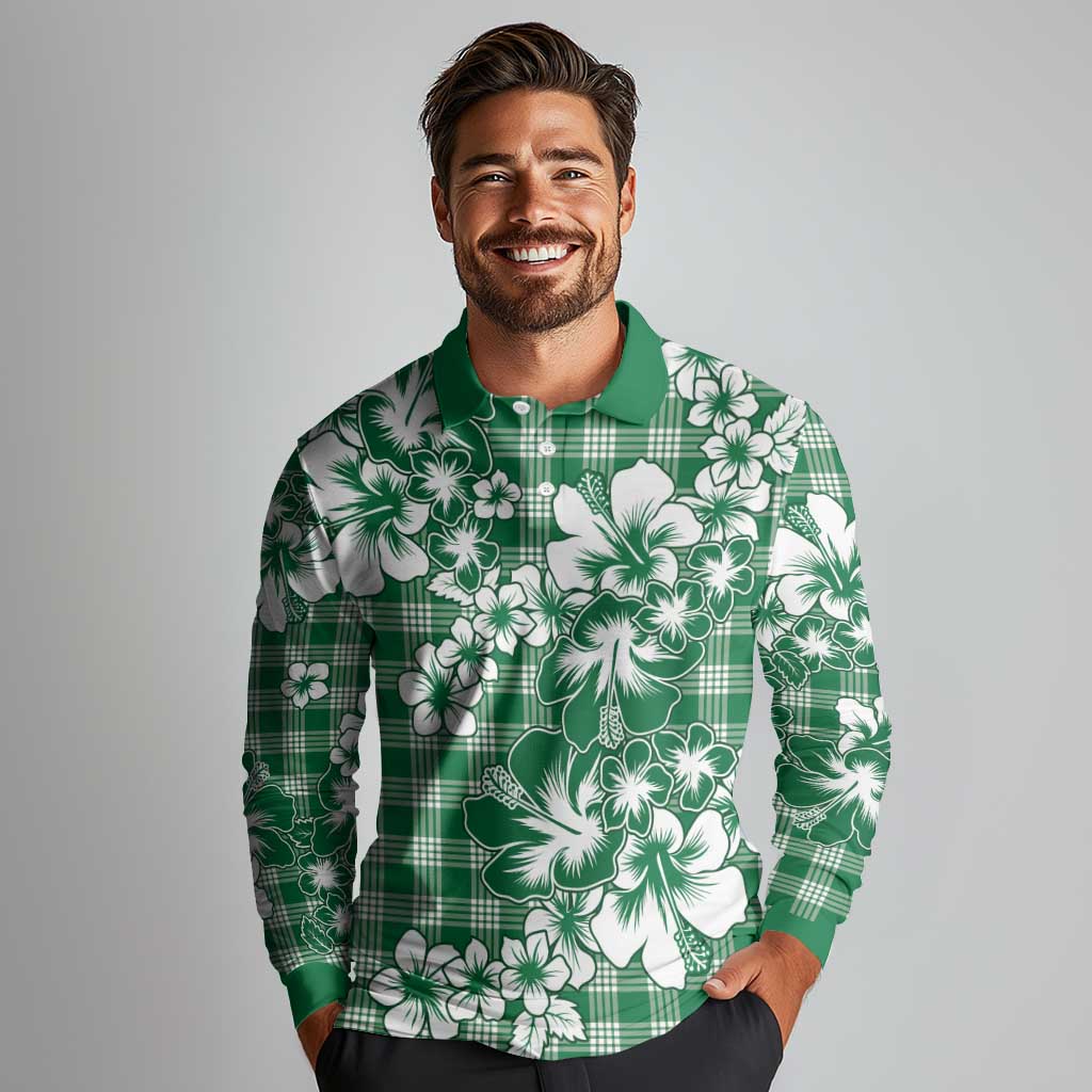 Hibiscus Pakala Emerald Green Long Sleeve Polo Shirt Tropical Floral Stylized - Polynesian Pride