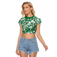 Hibiscus Pakala Emerald Green Raglan Cropped T Shirt Tropical Floral Stylized - Polynesian Pride