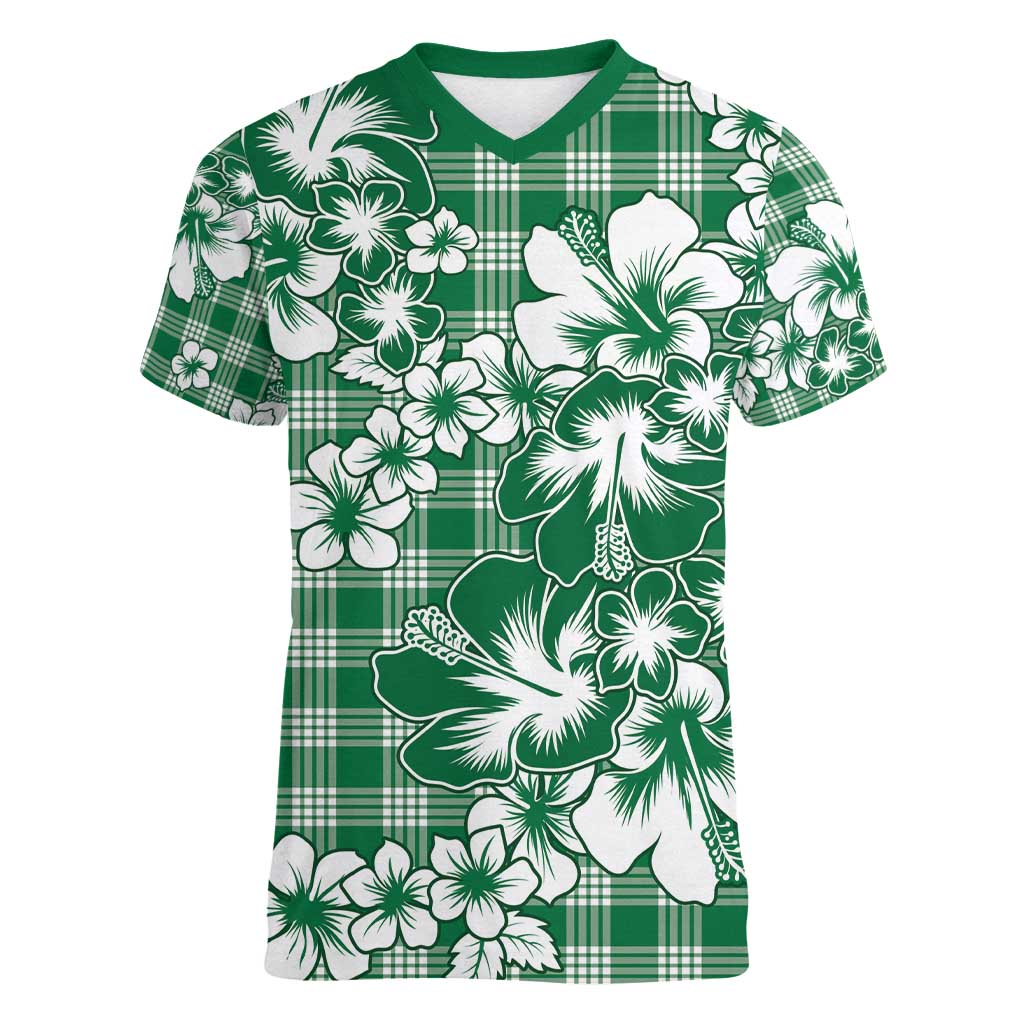 Hibiscus Pakala Emerald Green Women V-Neck T-Shirt Tropical Floral Stylized - Polynesian Pride