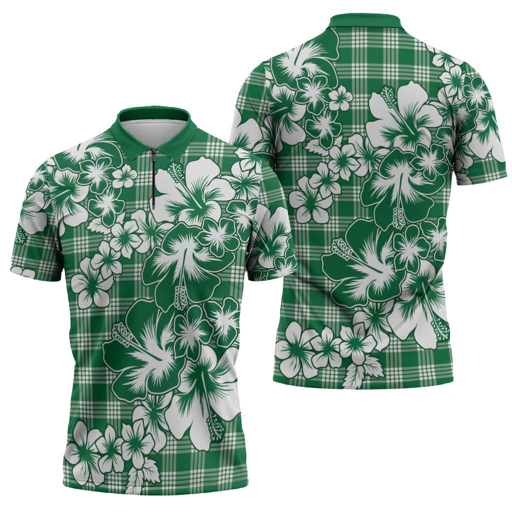 Hibiscus Pakala Emerald Green Zipper Polo Shirt Tropical Floral Stylized - Polynesian Pride