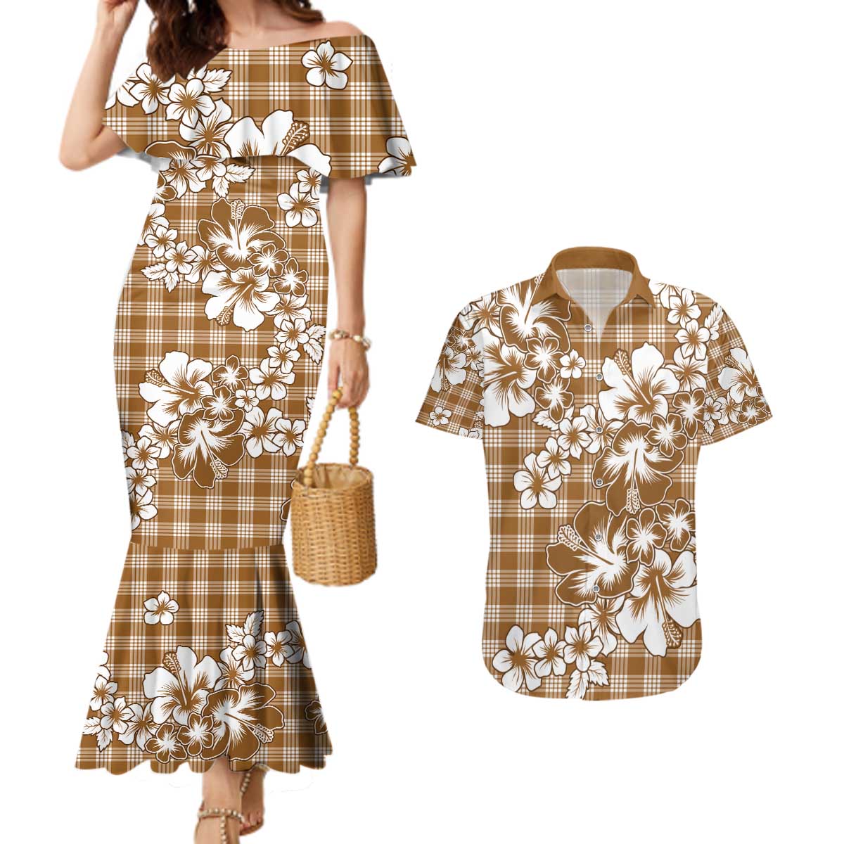 Hibiscus Pakala Bronze Brown Couples Matching Mermaid Dress and Hawaiian Shirt Tropical Floral Stylized - Polynesian Pride