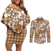 Hibiscus Pakala Bronze Brown Couples Matching Off Shoulder Short Dress and Long Sleeve Button Shirt Tropical Floral Stylized - Polynesian Pride