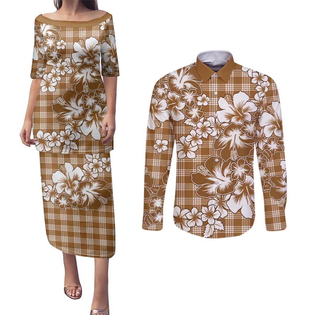 Hibiscus Pakala Bronze Brown Couples Matching Puletasi and Long Sleeve Button Shirt Tropical Floral Stylized - Polynesian Pride