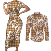 Hibiscus Pakala Bronze Brown Couples Matching Short Sleeve Bodycon Dress and Long Sleeve Button Shirt Tropical Floral Stylized - Polynesian Pride