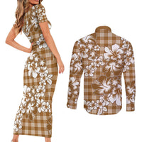 Hibiscus Pakala Bronze Brown Couples Matching Short Sleeve Bodycon Dress and Long Sleeve Button Shirt Tropical Floral Stylized - Polynesian Pride