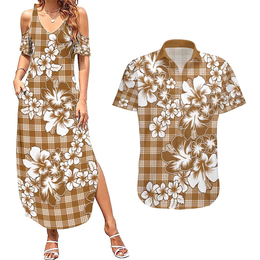 Hibiscus Pakala Bronze Brown Couples Matching Summer Maxi Dress and Hawaiian Shirt Tropical Floral Stylized - Polynesian Pride
