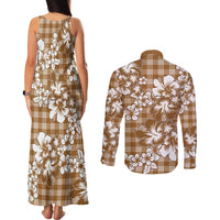 Hibiscus Pakala Bronze Brown Couples Matching Tank Maxi Dress and Long Sleeve Button Shirt Tropical Floral Stylized - Polynesian Pride