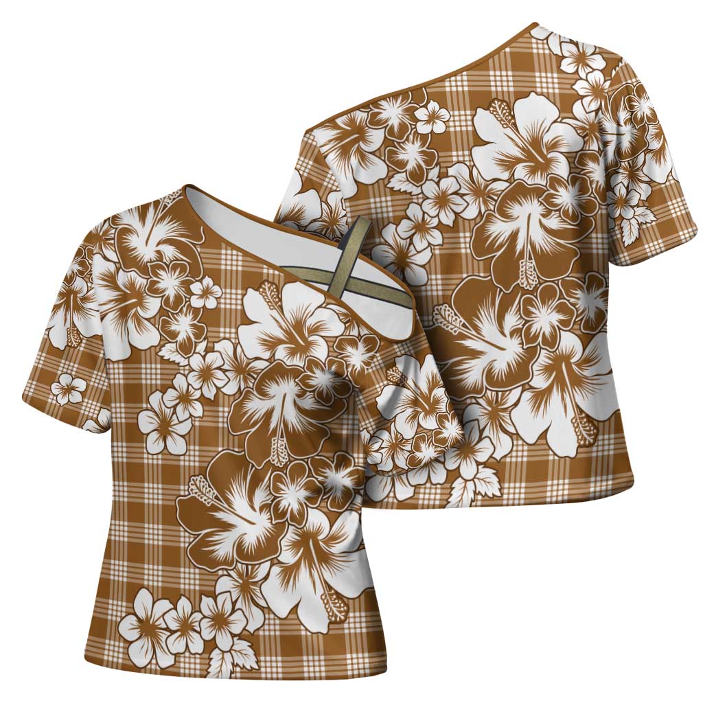 Hibiscus Pakala Bronze Brown Cross Shoulder Shirt Tropical Floral Stylized - Polynesian Pride