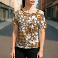 Hibiscus Pakala Bronze Brown Cross Shoulder Shirt Tropical Floral Stylized - Polynesian Pride