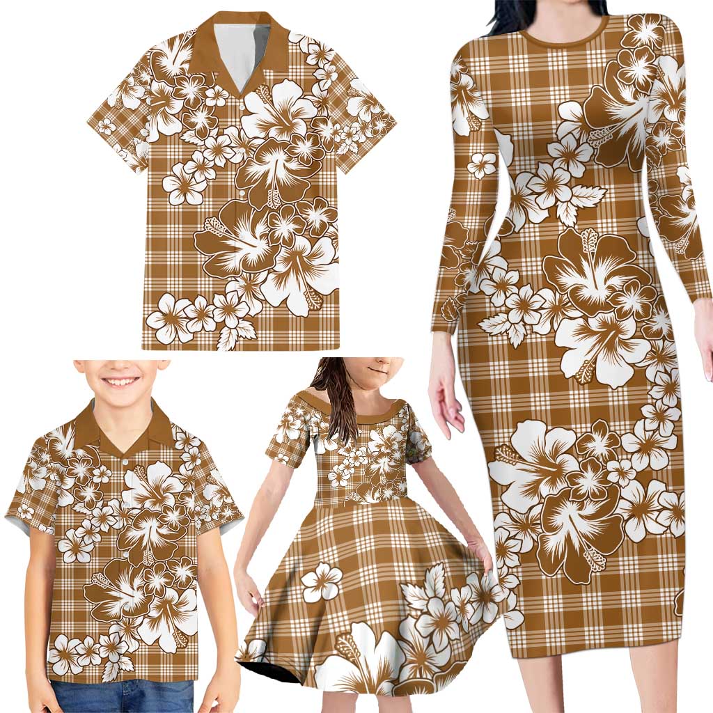 Hibiscus Pakala Bronze Brown Family Matching Long Sleeve Bodycon Dress and Hawaiian Shirt Tropical Floral Stylized - Polynesian Pride