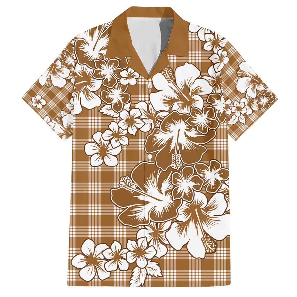 Hibiscus Pakala Bronze Brown Family Matching Short Sleeve Bodycon Dress and Hawaiian Shirt Tropical Floral Stylized - Polynesian Pride