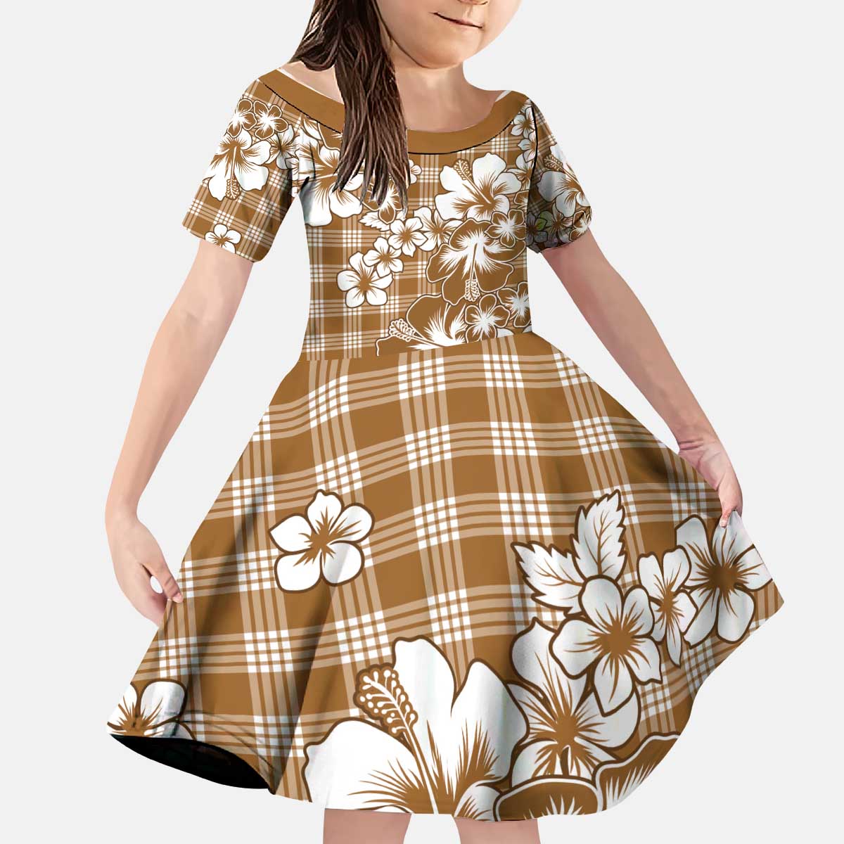 Hibiscus Pakala Bronze Brown Kid Short Sleeve Dress Tropical Floral Stylized - Polynesian Pride