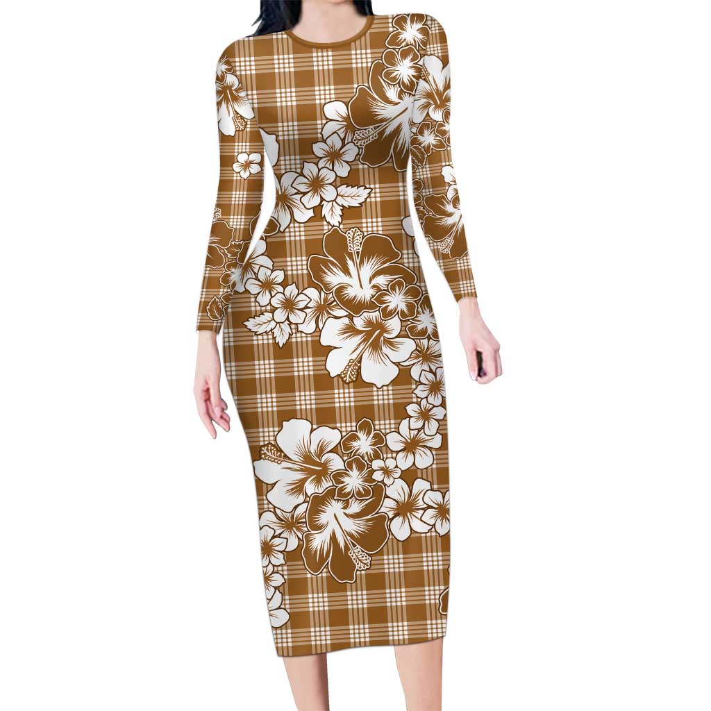 Hibiscus Pakala Bronze Brown Long Sleeve Bodycon Dress Tropical Floral Stylized - Polynesian Pride