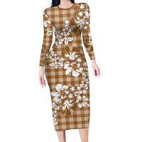Hibiscus Pakala Bronze Brown Long Sleeve Bodycon Dress Tropical Floral Stylized - Polynesian Pride