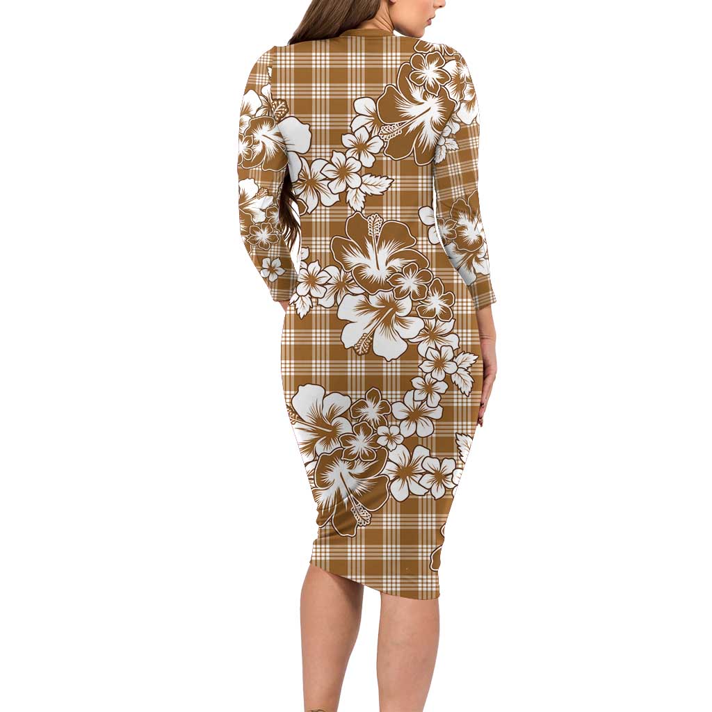 Hibiscus Pakala Bronze Brown Long Sleeve Bodycon Dress Tropical Floral Stylized - Polynesian Pride