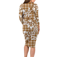 Hibiscus Pakala Bronze Brown Long Sleeve Bodycon Dress Tropical Floral Stylized - Polynesian Pride