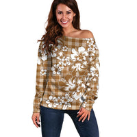 Hibiscus Pakala Bronze Brown Off Shoulder Sweater Tropical Floral Stylized - Polynesian Pride