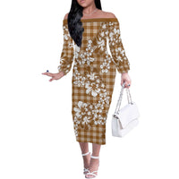 Hibiscus Pakala Bronze Brown Off The Shoulder Long Sleeve Dress Tropical Floral Stylized - Polynesian Pride