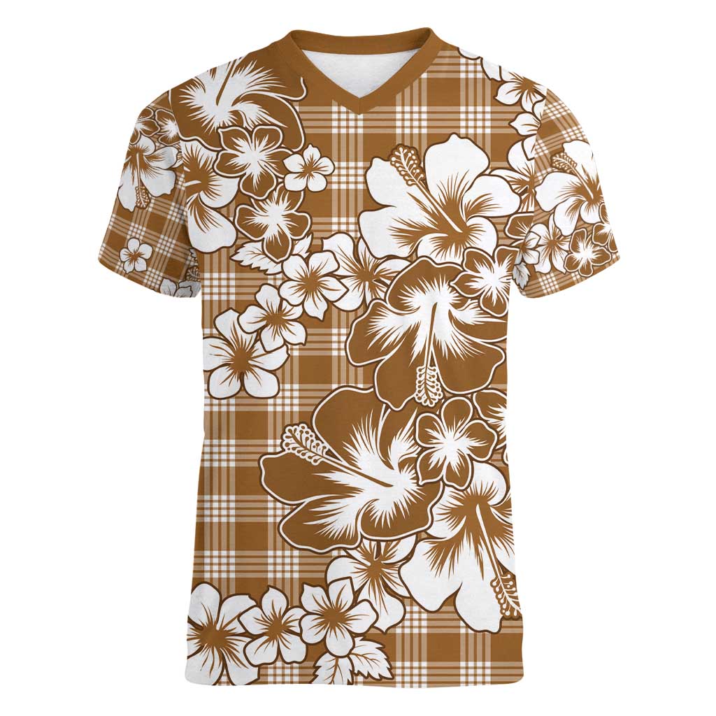 Hibiscus Pakala Bronze Brown Women V-Neck T-Shirt Tropical Floral Stylized - Polynesian Pride