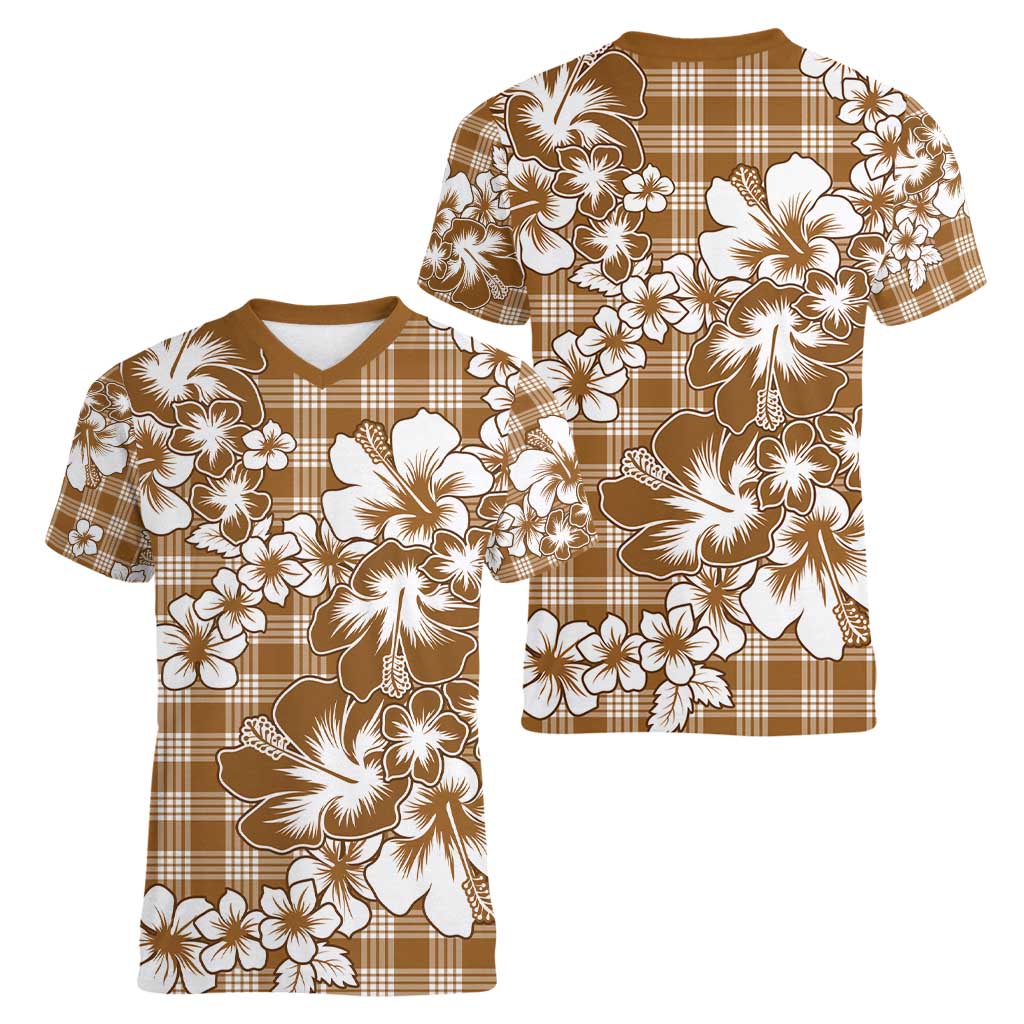Hibiscus Pakala Bronze Brown Women V-Neck T-Shirt Tropical Floral Stylized - Polynesian Pride