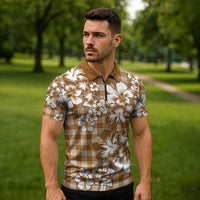 Hibiscus Pakala Bronze Brown Zipper Polo Shirt Tropical Floral Stylized - Polynesian Pride