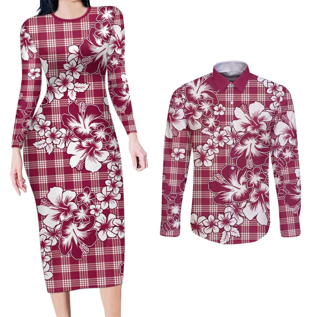 Hibiscus Pakala Royal Magenta Couples Matching Long Sleeve Bodycon Dress and Long Sleeve Button Shirt Tropical Floral Stylized - Polynesian Pride