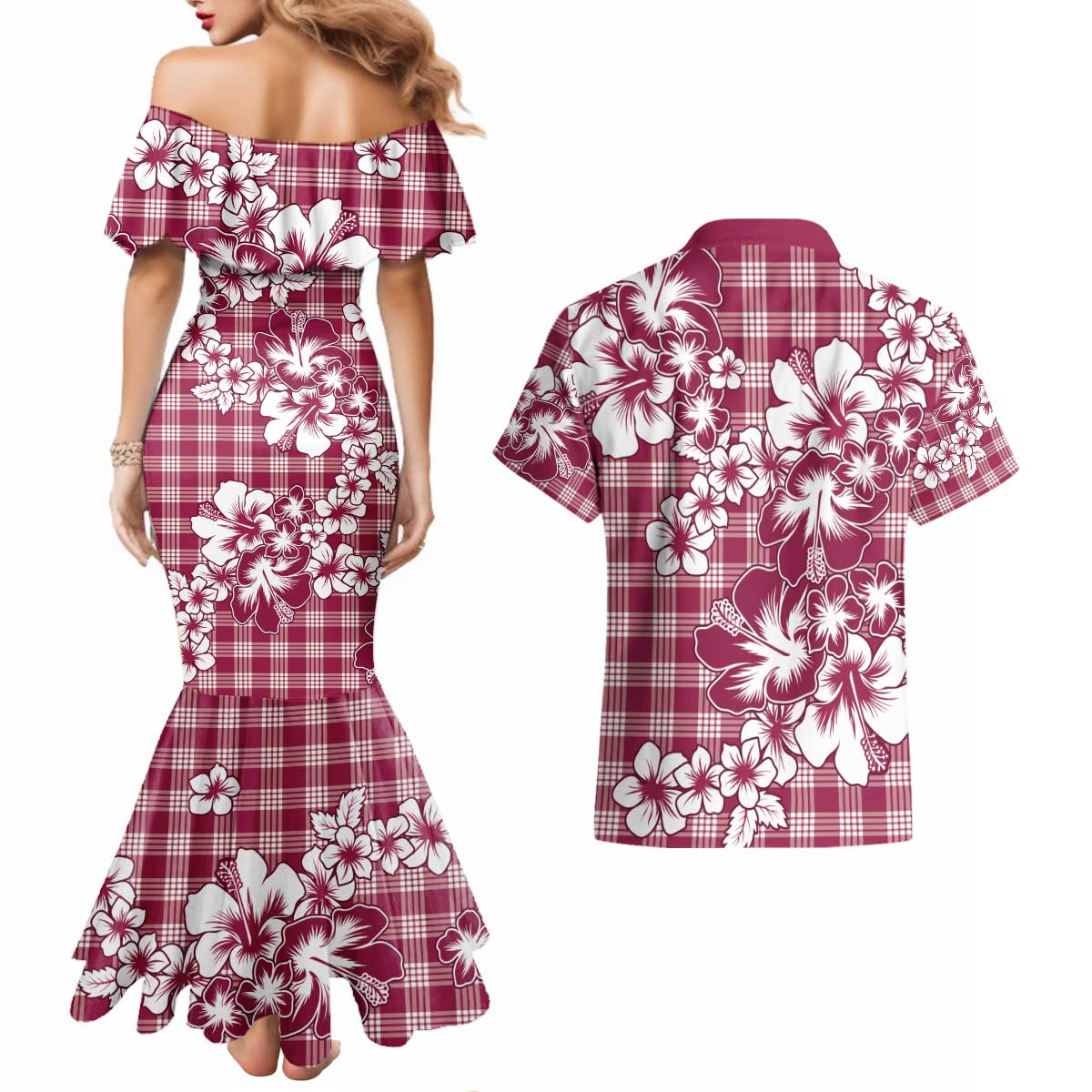 Hibiscus Pakala Royal Magenta Couples Matching Mermaid Dress and Hawaiian Shirt Tropical Floral Stylized - Polynesian Pride