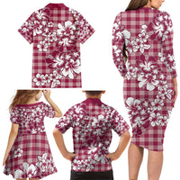 Hibiscus Pakala Royal Magenta Family Matching Long Sleeve Bodycon Dress and Hawaiian Shirt Tropical Floral Stylized - Polynesian Pride