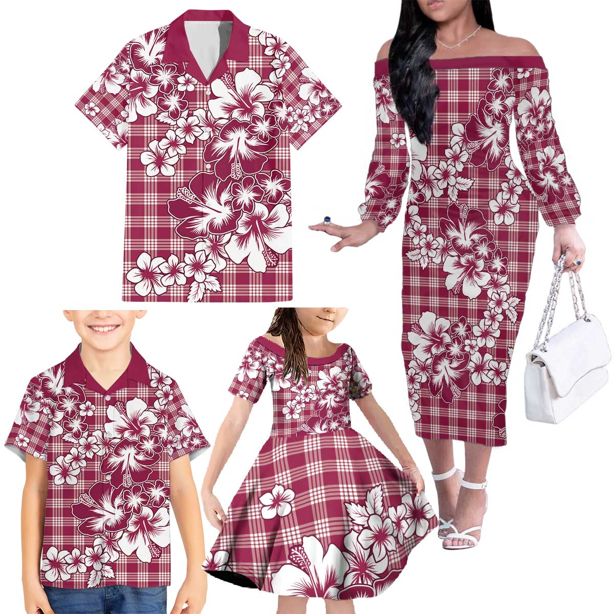 Hibiscus Pakala Royal Magenta Family Matching Off The Shoulder Long Sleeve Dress and Hawaiian Shirt Tropical Floral Stylized - Polynesian Pride