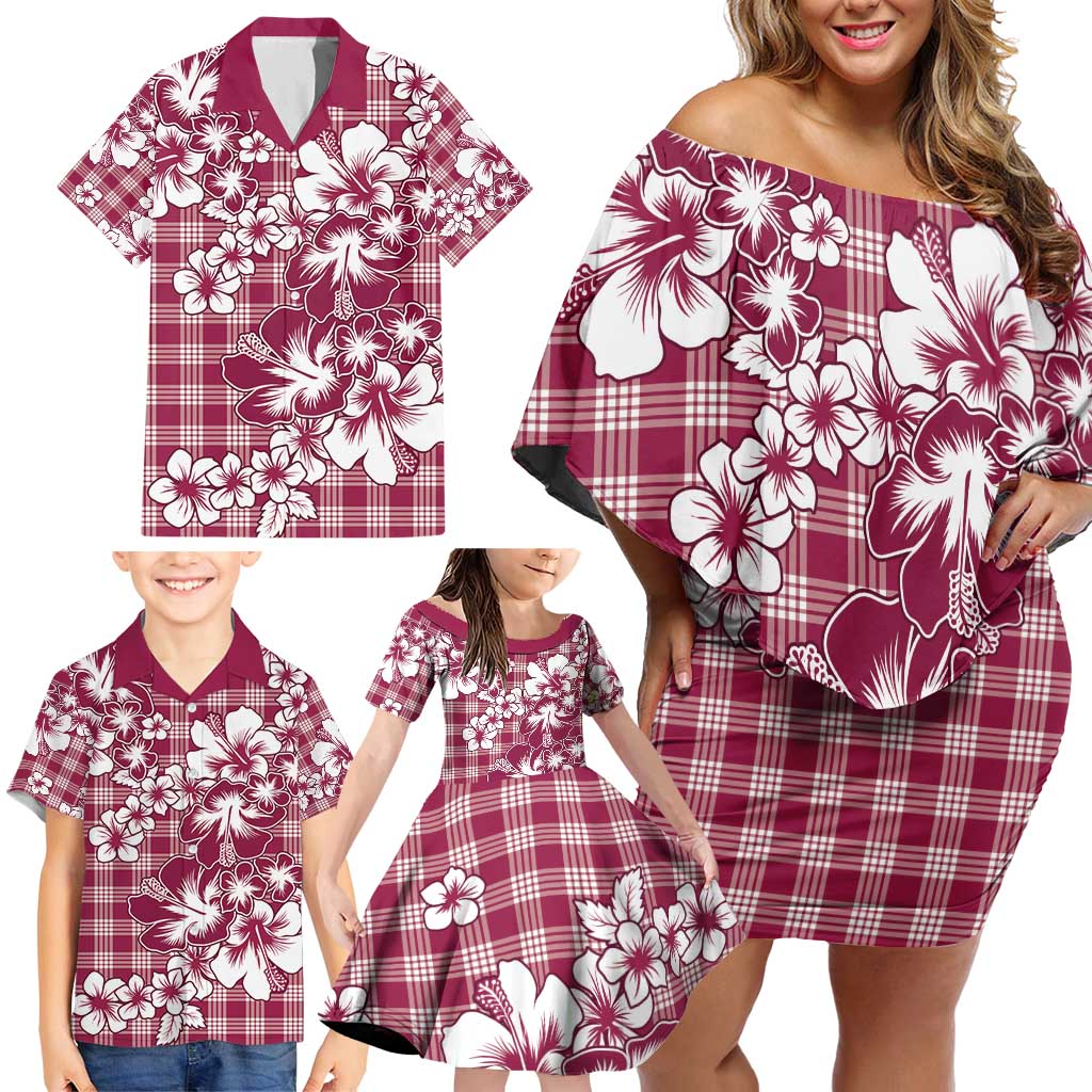 Hibiscus Pakala Royal Magenta Family Matching Off Shoulder Short Dress and Hawaiian Shirt Tropical Floral Stylized - Polynesian Pride
