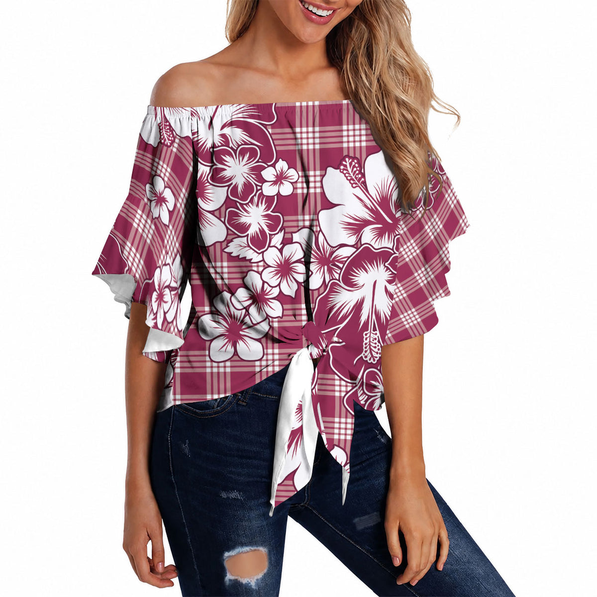 Hibiscus Pakala Royal Magenta Off Shoulder Wrap Waist Top Tropical Floral Stylized LT01 - Polynesian Pride