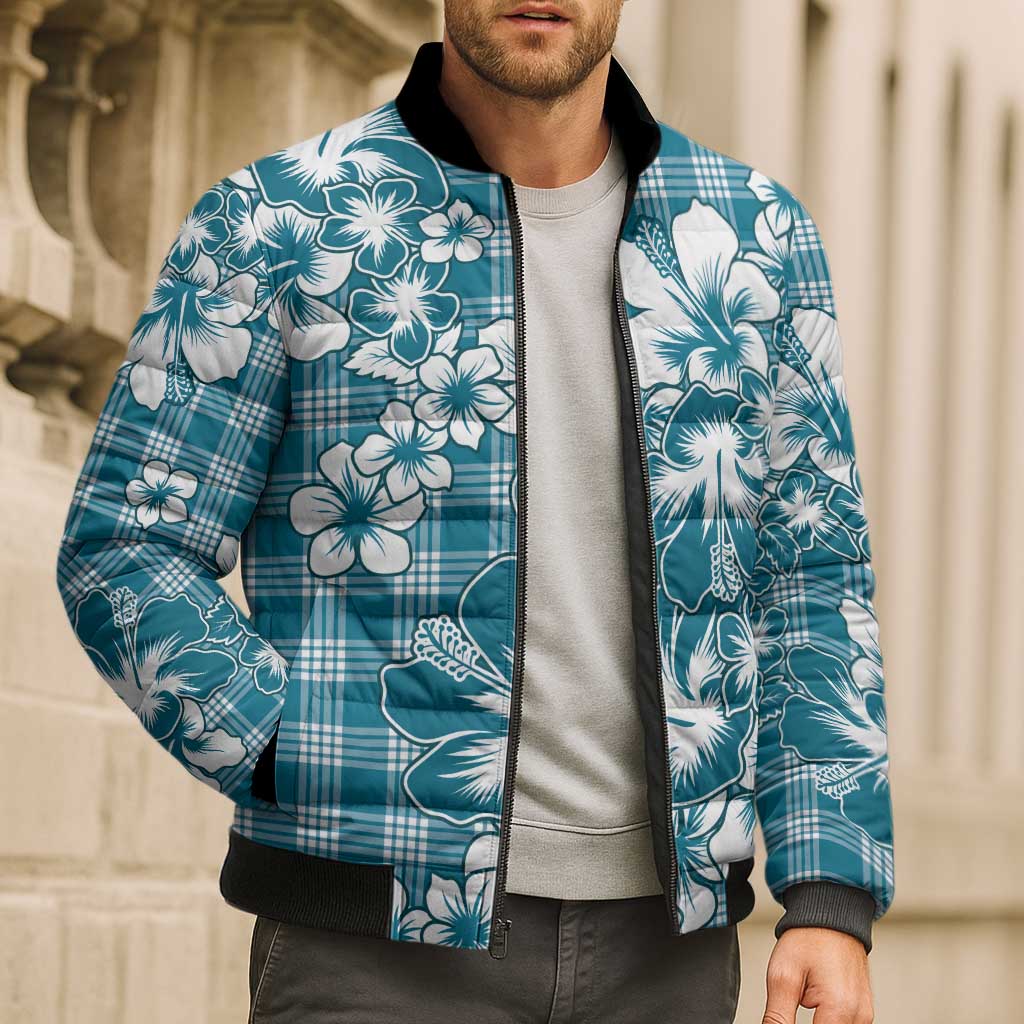 Hibiscus Pakala Ocean Depths Blue Bomber Puffer Jacket Tropical Floral Stylized - Polynesian Pride