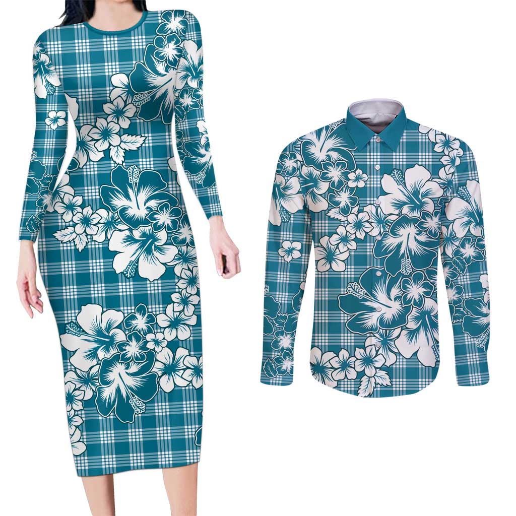 Hibiscus Pakala Ocean Depths Blue Couples Matching Long Sleeve Bodycon Dress and Long Sleeve Button Shirt Tropical Floral Stylized - Polynesian Pride