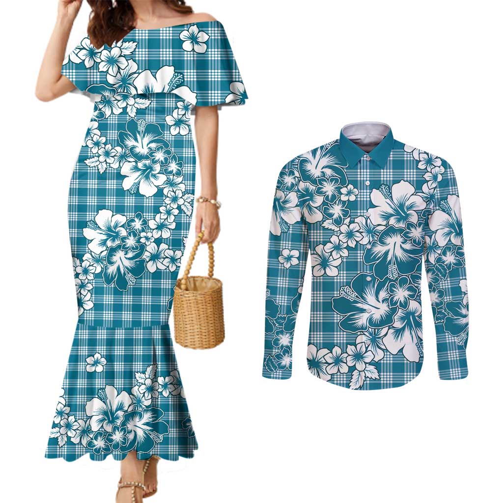 Hibiscus Pakala Ocean Depths Blue Couples Matching Mermaid Dress and Long Sleeve Button Shirt Tropical Floral Stylized - Polynesian Pride