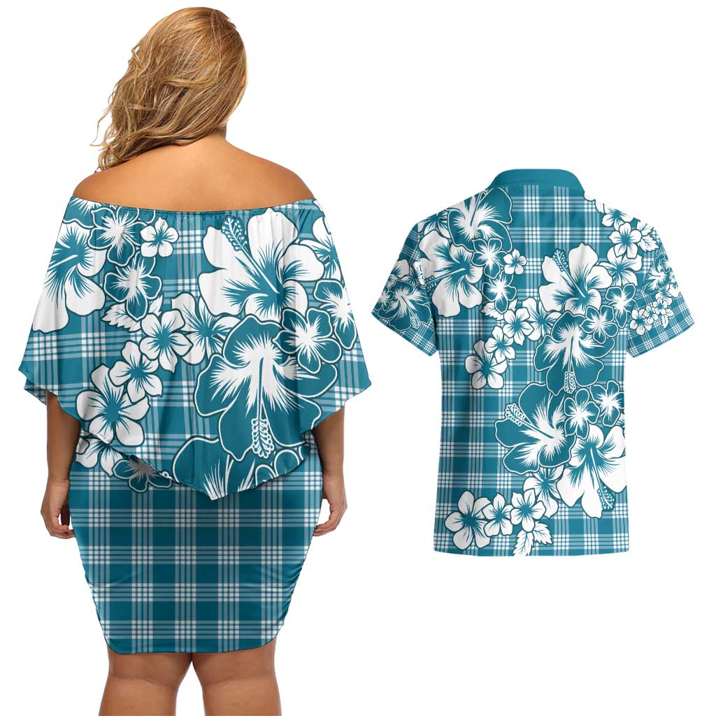 Hibiscus Pakala Ocean Depths Blue Couples Matching Off Shoulder Short Dress and Hawaiian Shirt Tropical Floral Stylized - Polynesian Pride