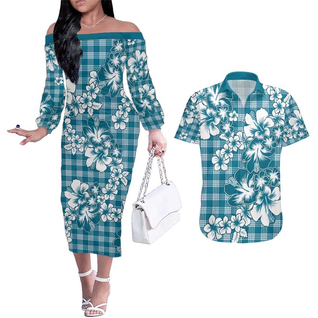 Hibiscus Pakala Ocean Depths Blue Couples Matching Off The Shoulder Long Sleeve Dress and Hawaiian Shirt Tropical Floral Stylized - Polynesian Pride
