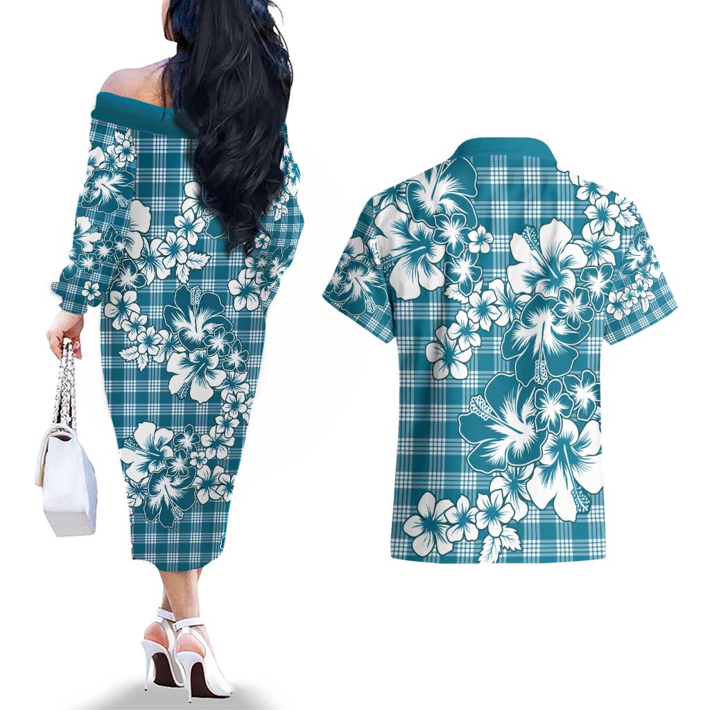 Hibiscus Pakala Ocean Depths Blue Couples Matching Off The Shoulder Long Sleeve Dress and Hawaiian Shirt Tropical Floral Stylized - Polynesian Pride