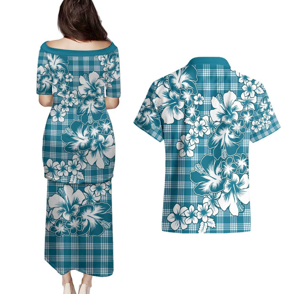 Hibiscus Pakala Ocean Depths Blue Couples Matching Puletasi and Hawaiian Shirt Tropical Floral Stylized - Polynesian Pride