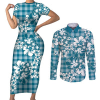 Hibiscus Pakala Ocean Depths Blue Couples Matching Short Sleeve Bodycon Dress and Long Sleeve Button Shirt Tropical Floral Stylized - Polynesian Pride