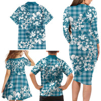 Hibiscus Pakala Ocean Depths Blue Family Matching Long Sleeve Bodycon Dress and Hawaiian Shirt Tropical Floral Stylized - Polynesian Pride