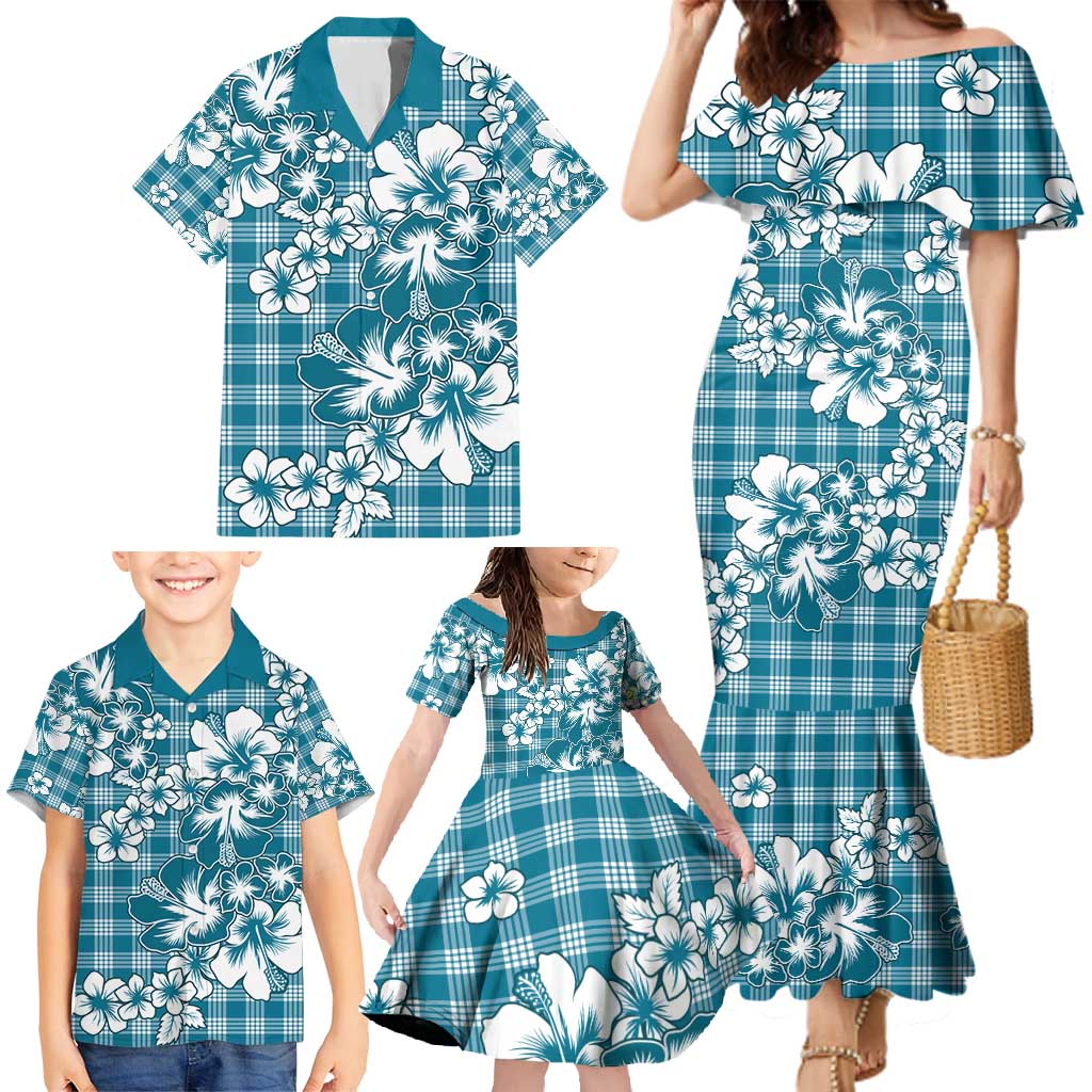 Hibiscus Pakala Ocean Depths Blue Family Matching Mermaid Dress and Hawaiian Shirt Tropical Floral Stylized - Polynesian Pride